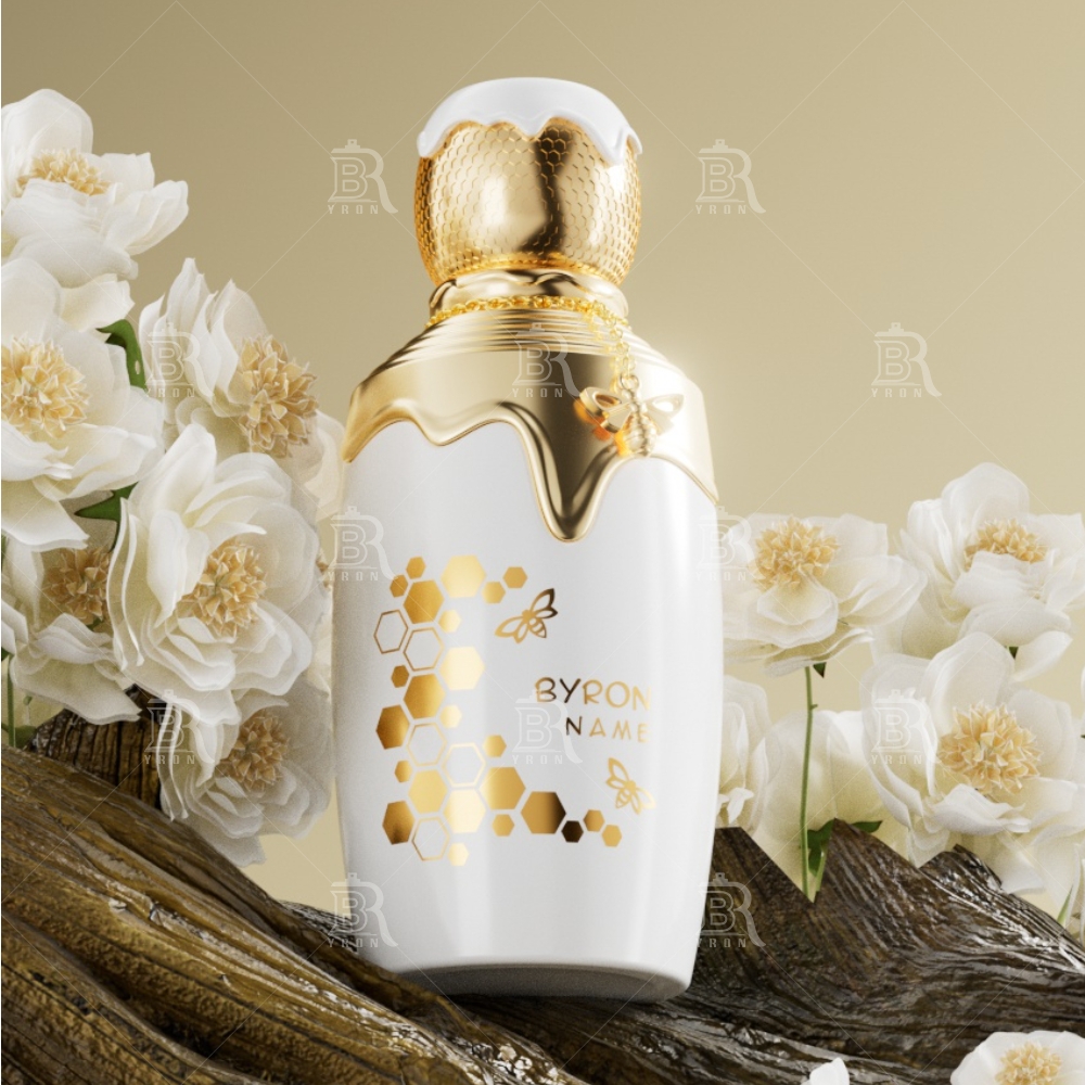 Byron 100ml White Floral Perfume Bottle &ndash; Golden Honeycomb Accent Elegant Design