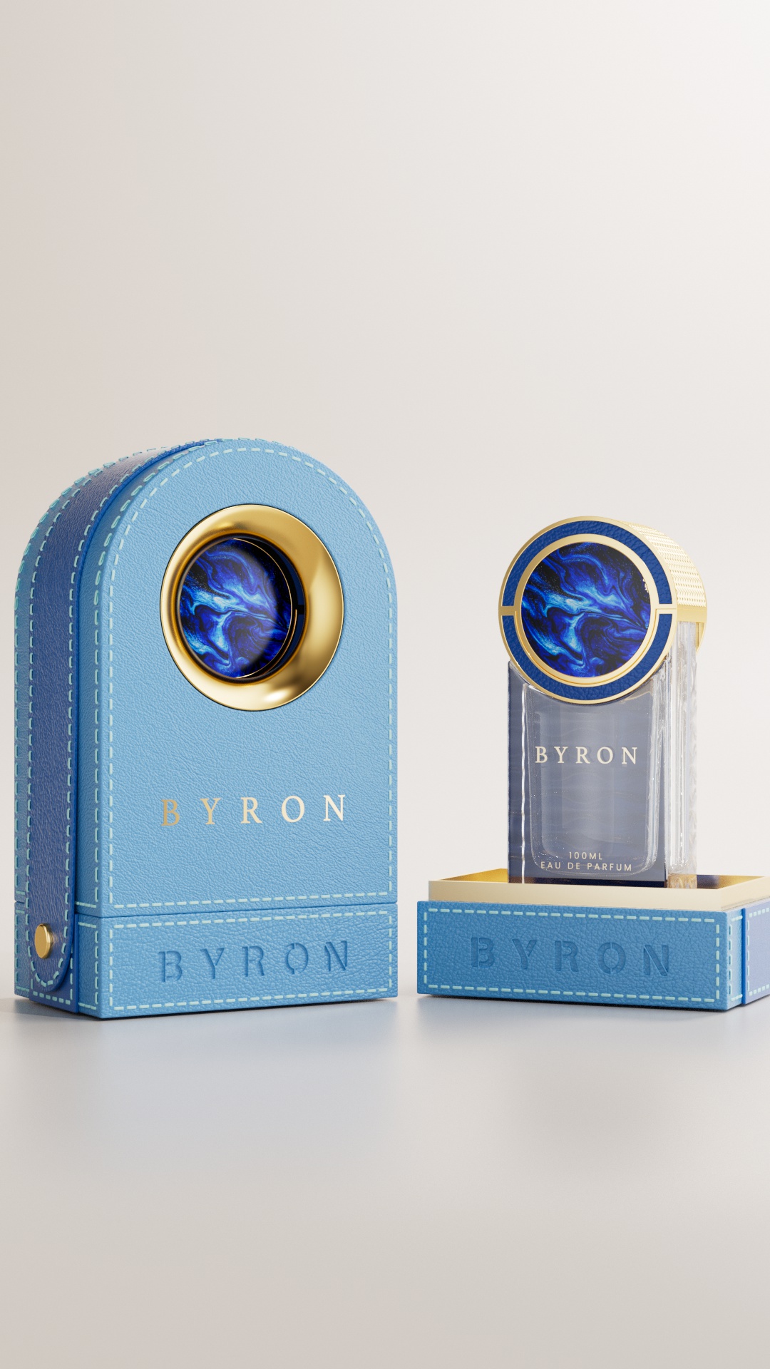 100ml BYRON Perfume Bottle_Blue Gold Starry Cap_Crystal Bottle_Arc Leather Gift Box Custom