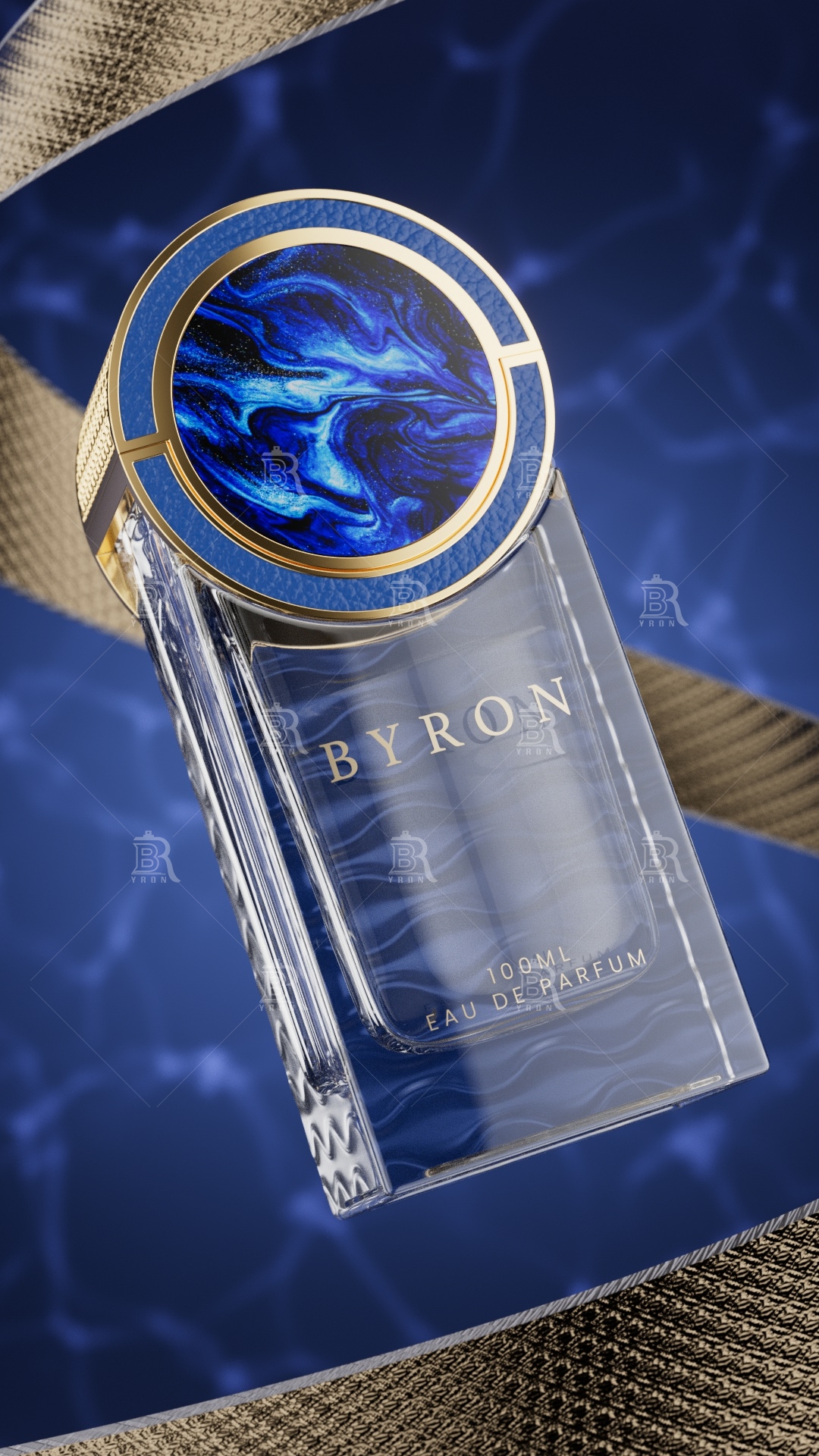 100ml BYRON Perfume Bottle_Blue Gold Starry Cap_Crystal Bottle_Arc Leather Gift Box Custom
