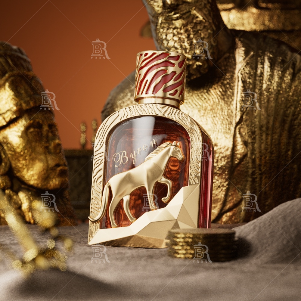 100ml BYRON Perfume Bottle_Tiger Pattern Cap_Gold Horse Ornament Crystal Bottle Custom