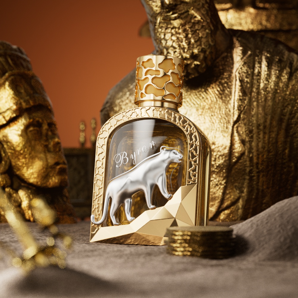 100ml BYRON Perfume Bottle_Gold Carved Cap_Silver Leopard Ornament Crystal Bottle Custom